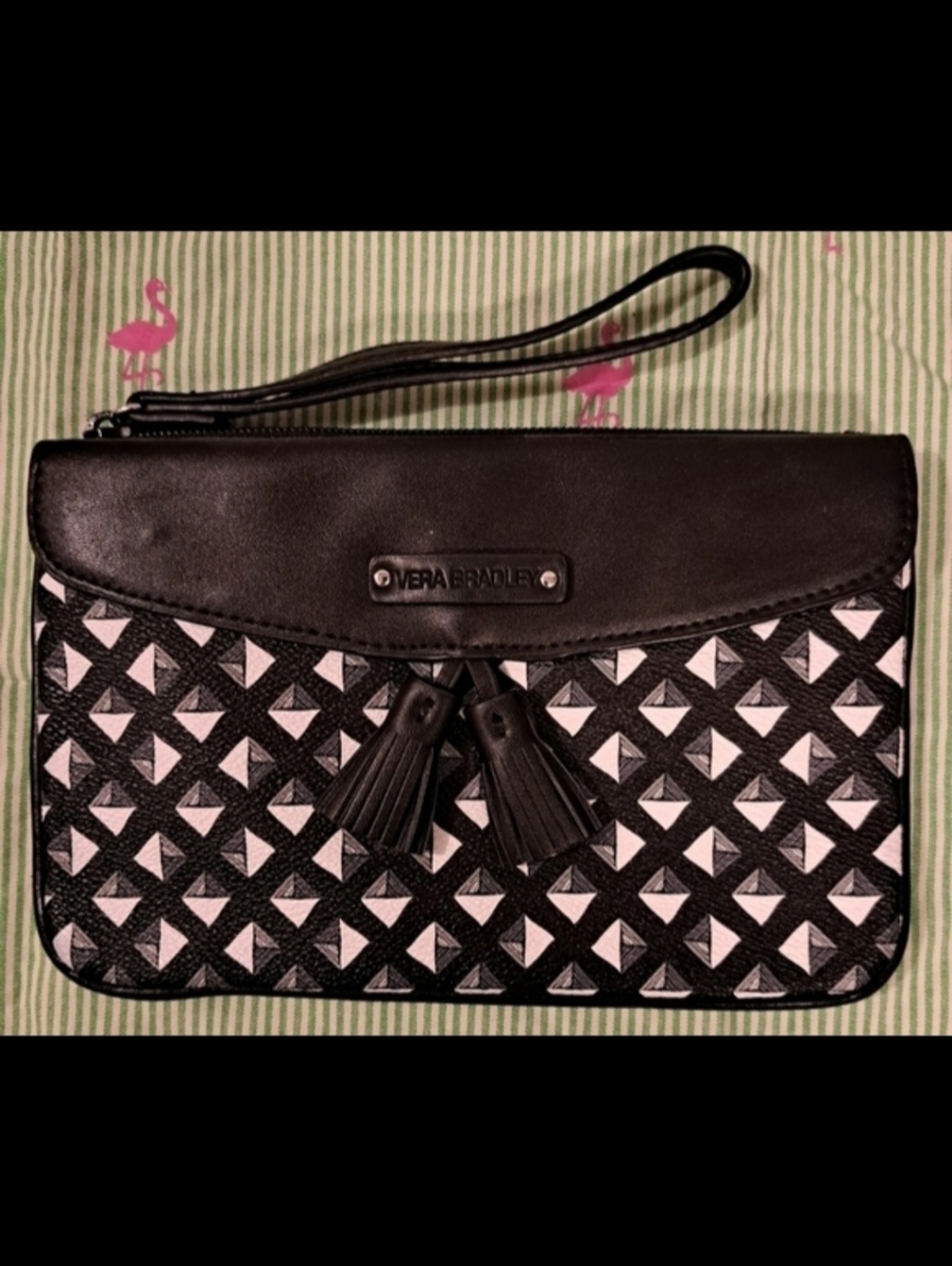 EUC Vera Bradley Black & White Leather Geometric Tassel Casual Wristlet Bag